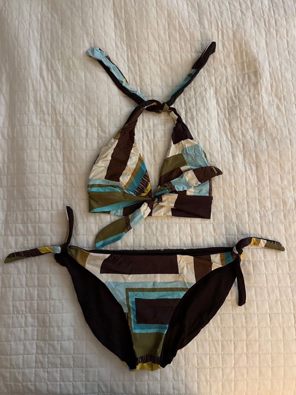 Striped Geometric Tie-Front Bikini in Brown & Teal